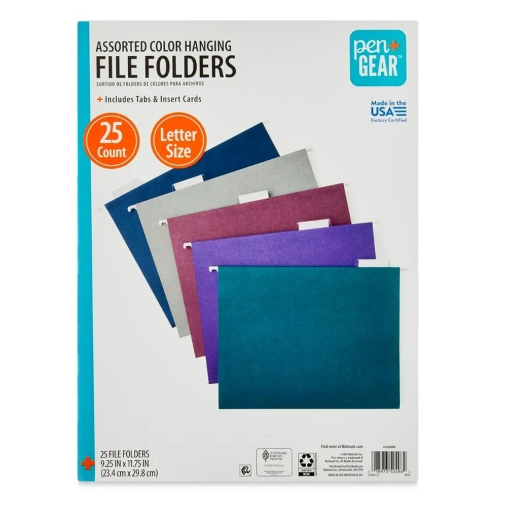 Pen+Gear 25 Ct Assorted Jewel Tone Hanging File Folders 1/5 Cut Tabs & Inserts